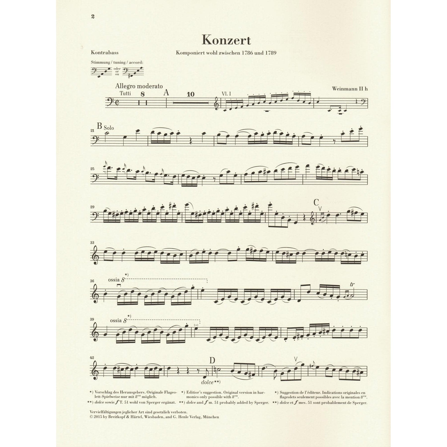 Vanhal, Johann Baptist - Double Bass Concerto - for Bass and Piano - G. Henle Verlag URTEXT