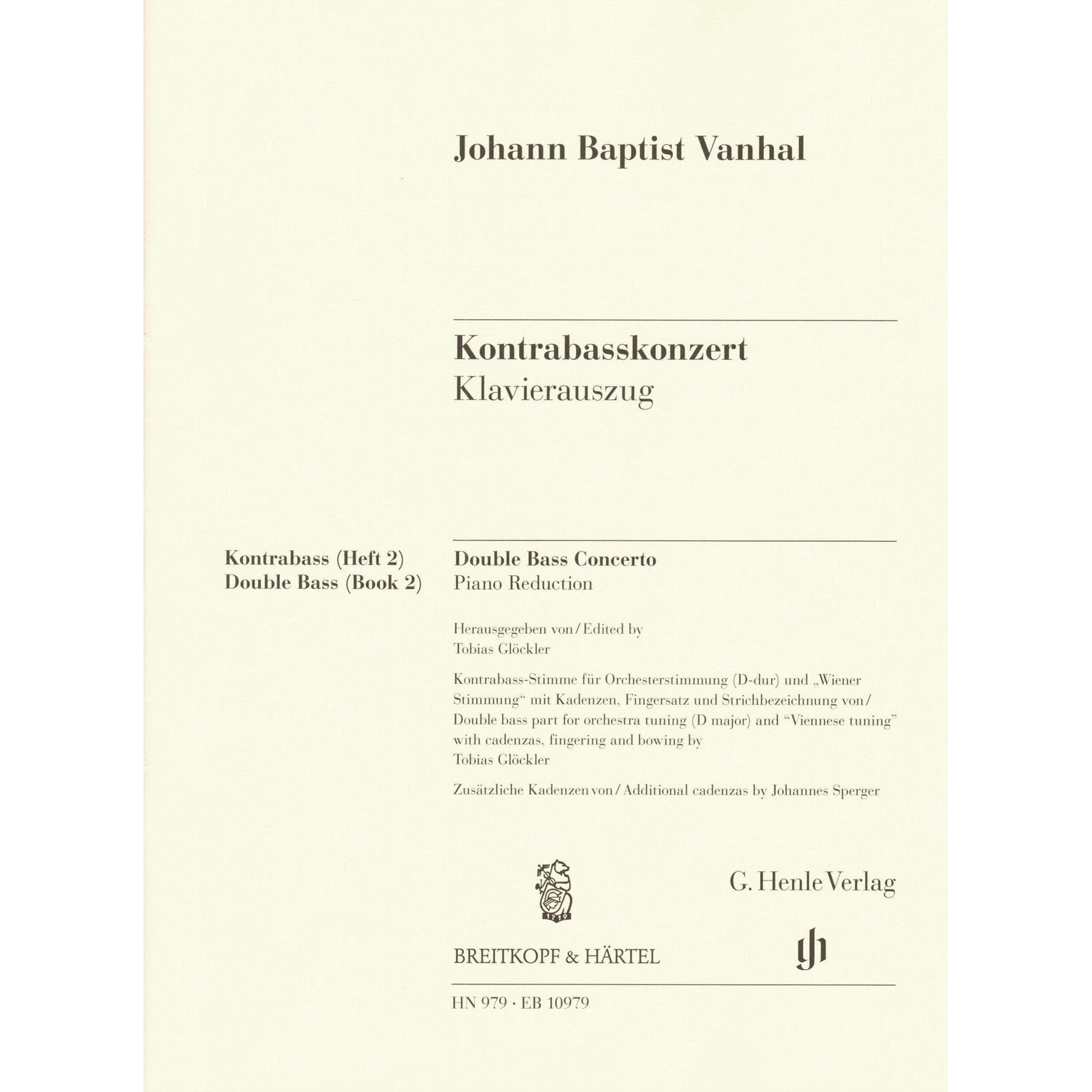 Vanhal, Johann Baptist - Double Bass Concerto - for Bass and Piano - G. Henle Verlag URTEXT