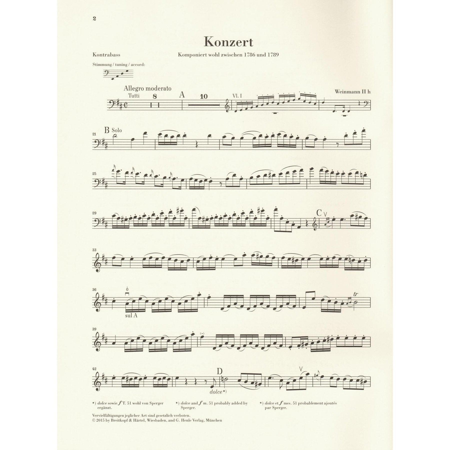 Vanhal, Johann Baptist - Double Bass Concerto - for Bass and Piano - G. Henle Verlag URTEXT