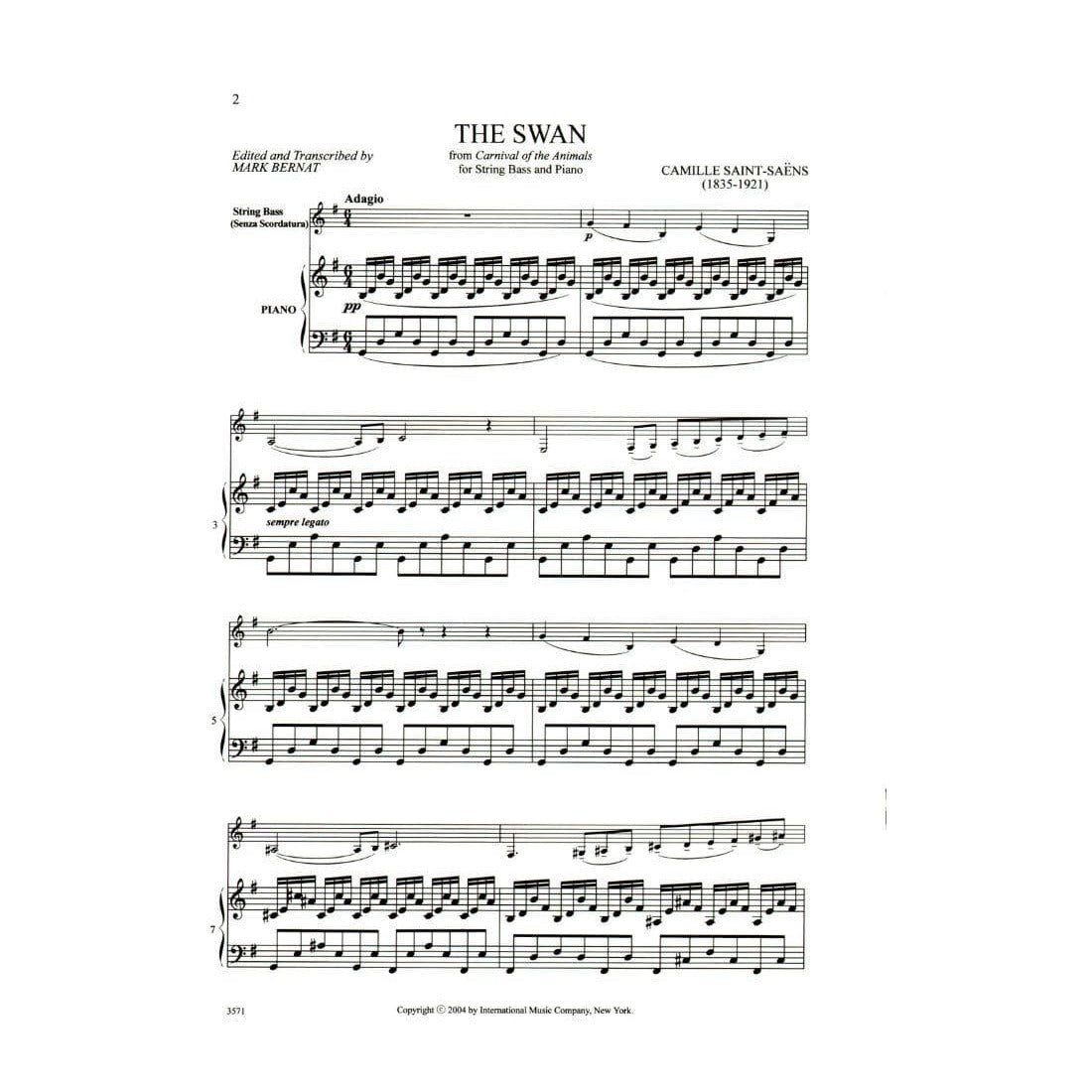 Saent-Saens, Camille - The Swan, For Double Bass & Piano Published by International Music Company