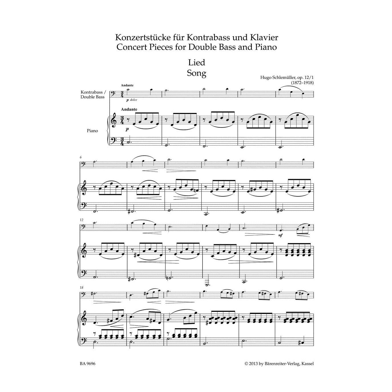 Double Bass Collection: Concert Pieces for Double Bass and Piano - edited by J Peter Close and Holger Sassmannshaus - Barenreiter