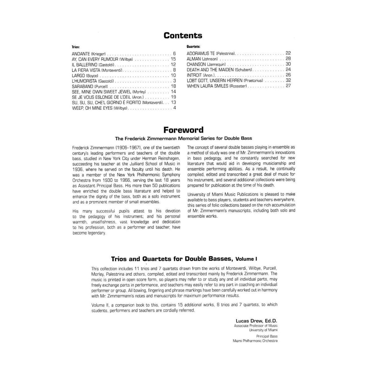 Zimmermann, Frederick - Trios and Quartets For Double Bass, Volume 1 Published by University of Miami Music Publications