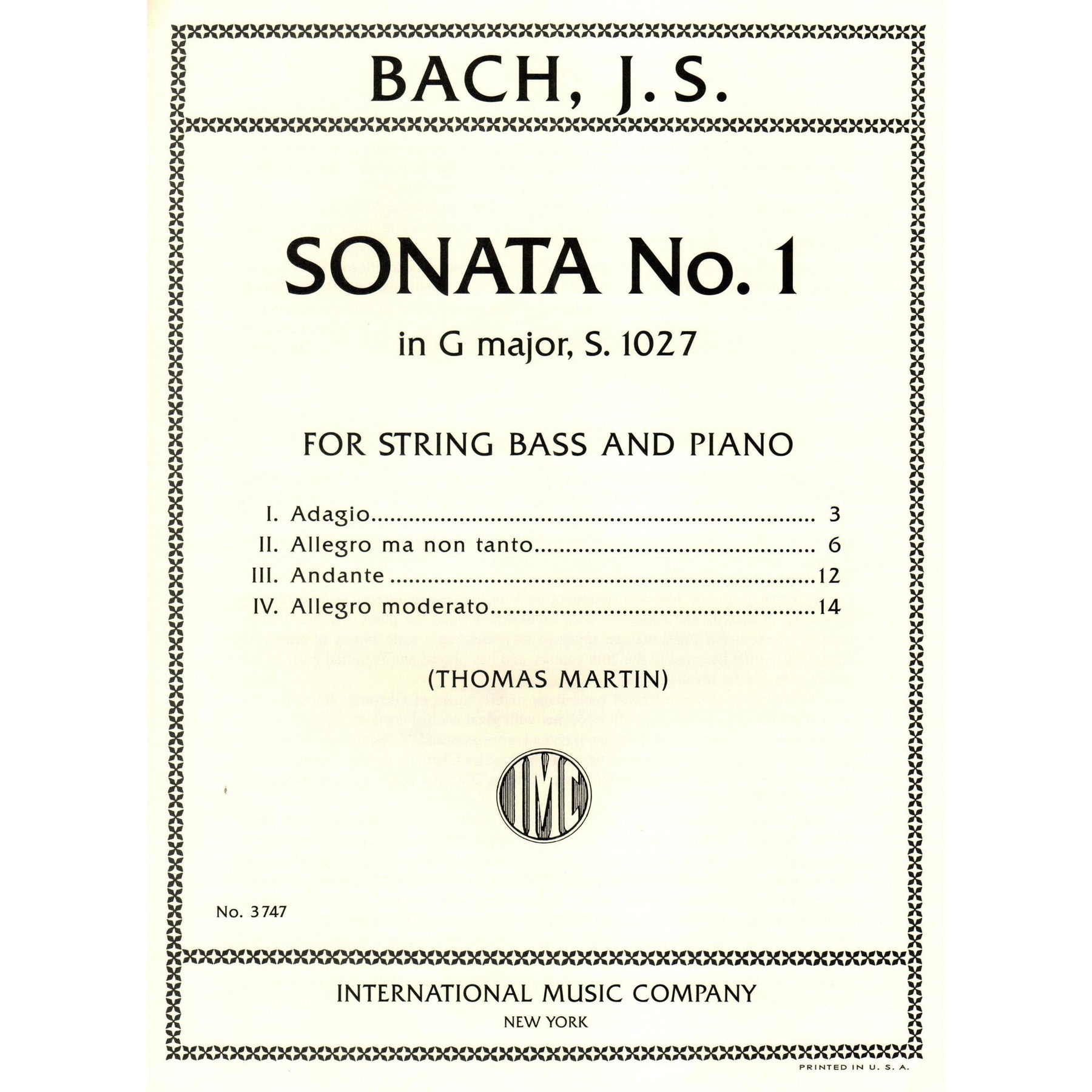 Bach, J.S. - Sonata No. 1 in G Major, S. 1027 - Bass and Piano - edited by Thomas Martin - International Edition