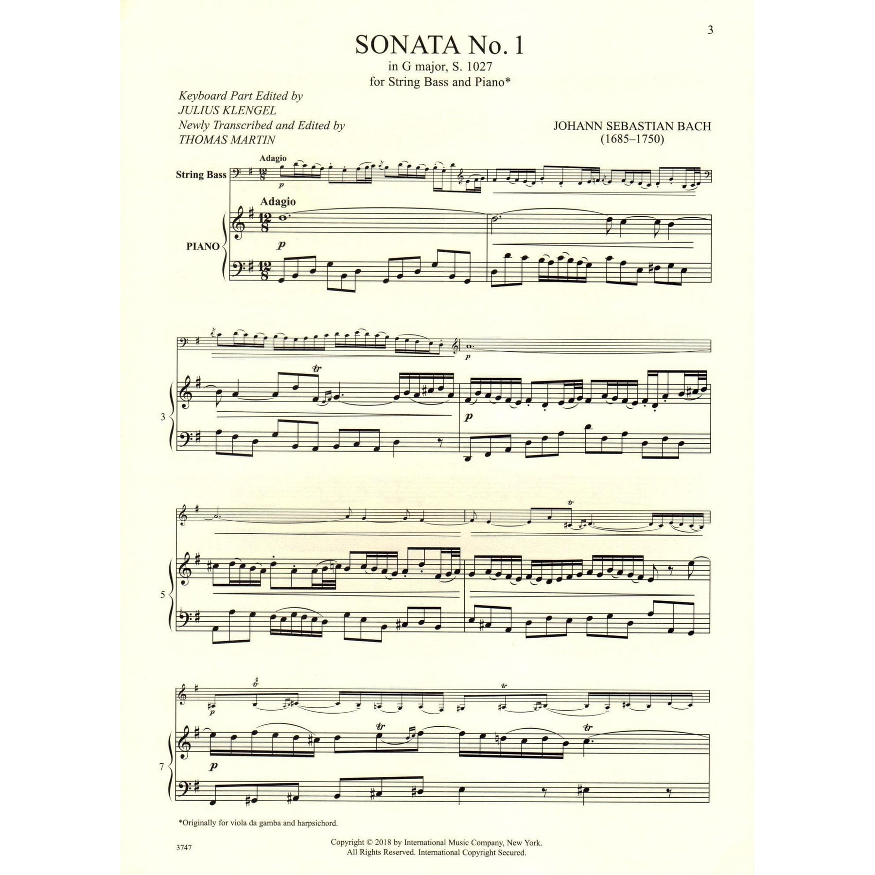 Bach, J.S. - Sonata No. 1 in G Major, S. 1027 - Bass and Piano - edited by Thomas Martin - International Edition