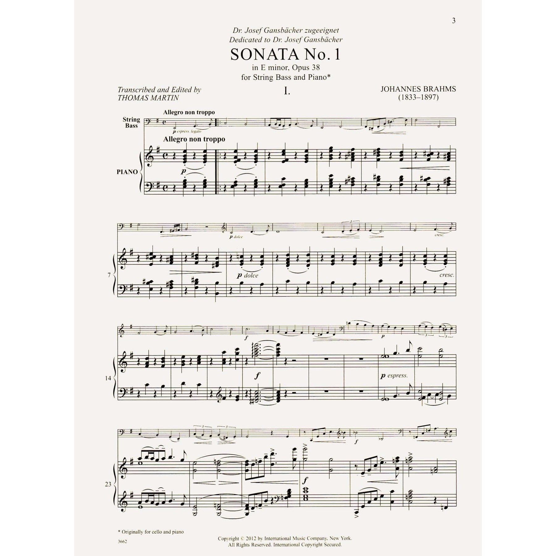 Brahms, Johannes - Sonata No. 1 in E minor, Opus 38 - for Bass and Piano - edited by Thomas Martin - International