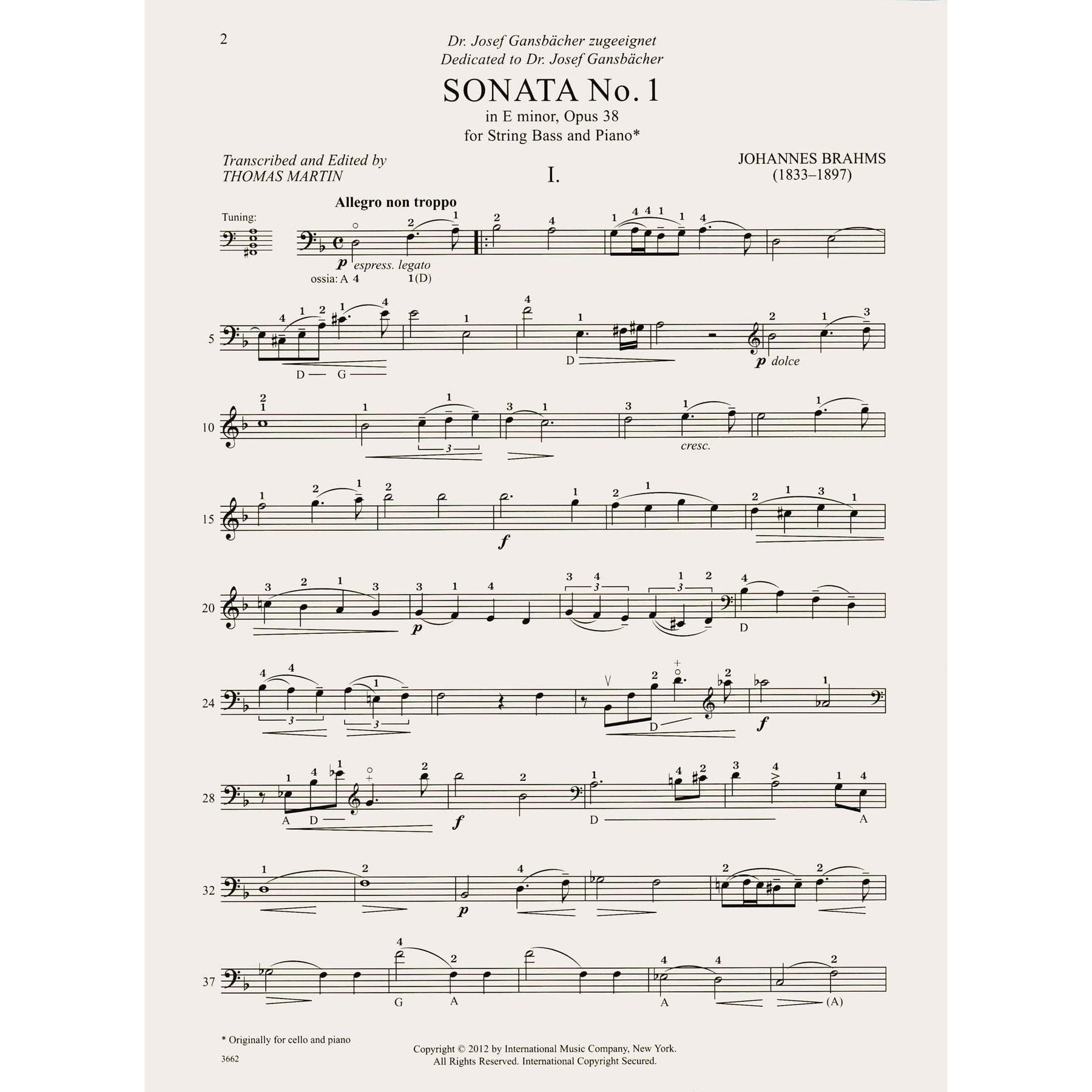 Brahms, Johannes - Sonata No. 1 in E minor, Opus 38 - for Bass and Piano - edited by Thomas Martin - International