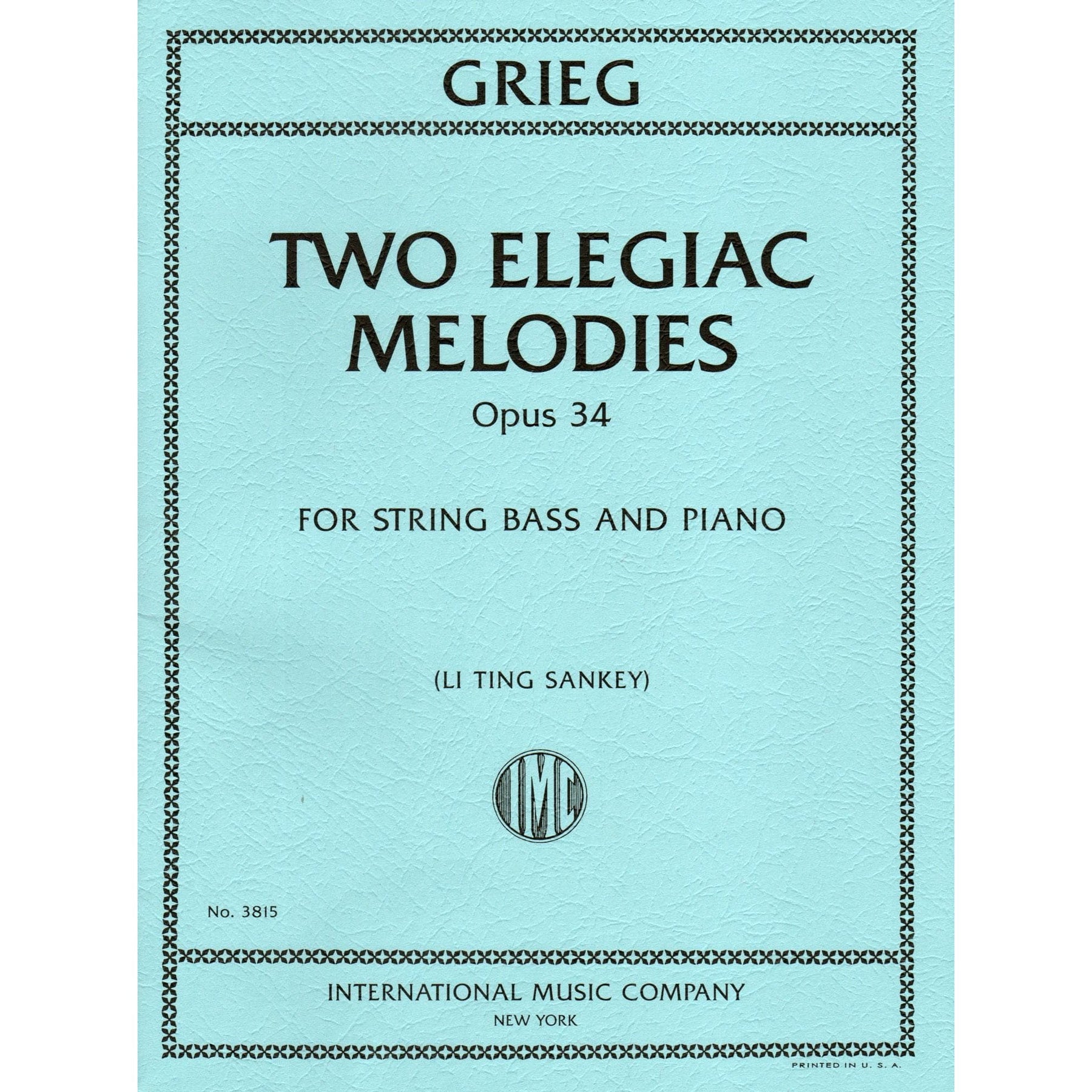 Grieg, Edvard - Two Elegiac Melodies, Op 34 - for Double Bass and Piano - Edited by Sankey - International Edition