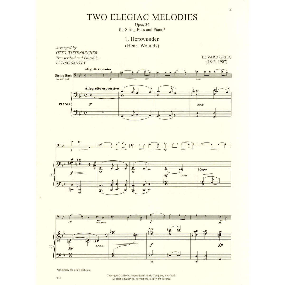 Grieg, Edvard - Two Elegiac Melodies, Op 34 - for Double Bass and Piano - Edited by Sankey - International Edition