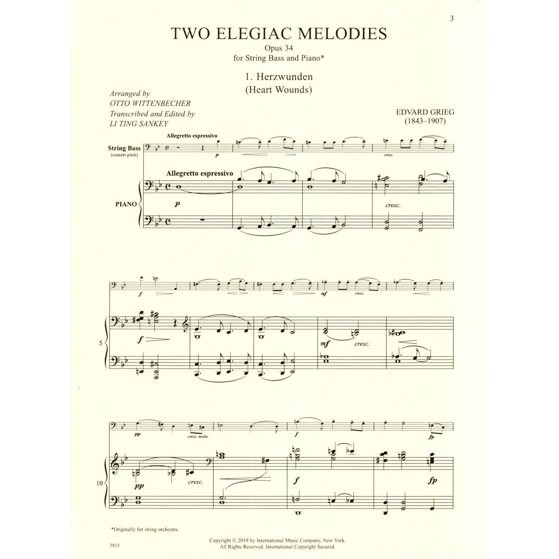 Grieg, Edvard - Two Elegiac Melodies, Op 34 - for Double Bass and Piano - Edited by Sankey - International Edition