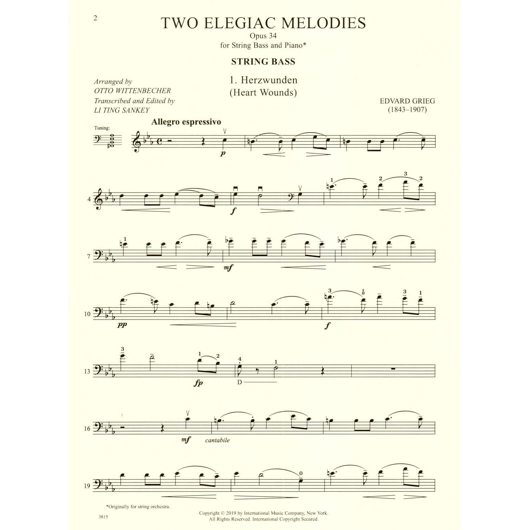Grieg, Edvard - Two Elegiac Melodies, Op 34 - for Double Bass and Piano - Edited by Sankey - International Edition