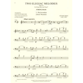 Grieg, Edvard - Two Elegiac Melodies, Op 34 - for Double Bass and Piano - Edited by Sankey - International Edition