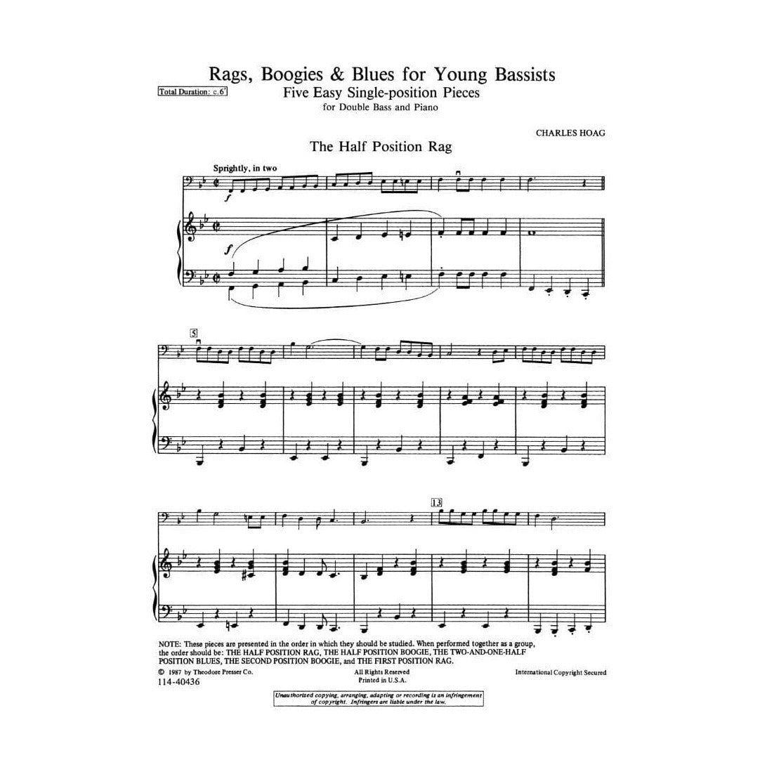 Hoag, Charles K - Rags, Boogies & Blues for Young Bassists: Five Easy Single-Position Pieces - Bass and Piano - Theodore Presser Co