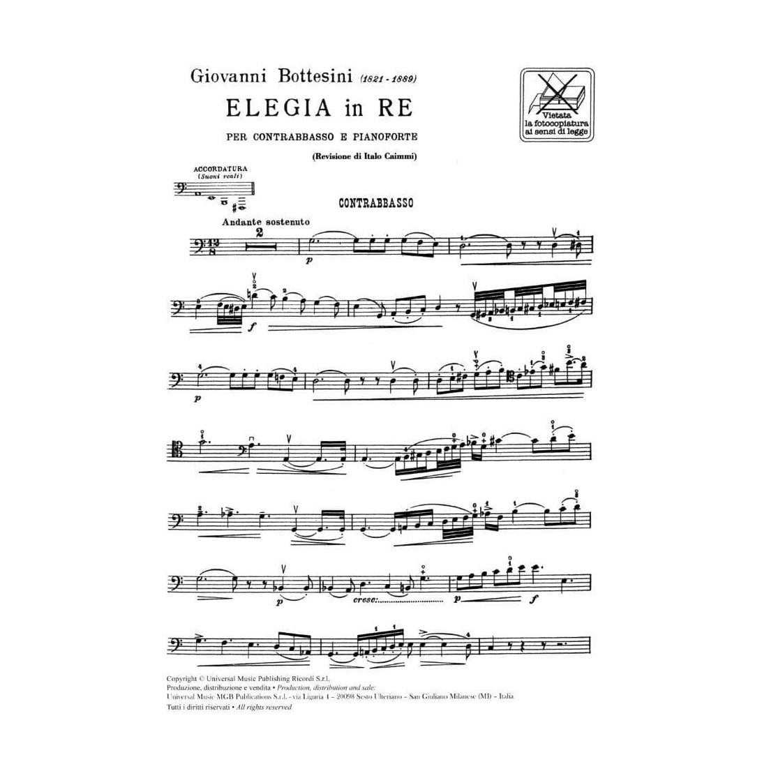 Bottesini, Giovanni - Elegy In D Major for Double Bass and Piano - Ricordi Edition