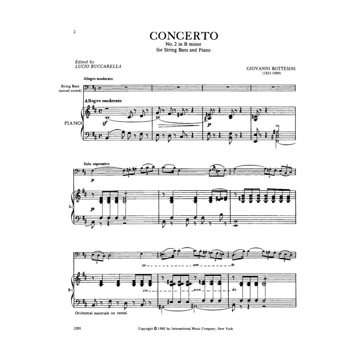 Bottesini, Giovanni - Concerto No 2 in b minor for Double Bass and Piano - Arranged by Buccarella - International Edition