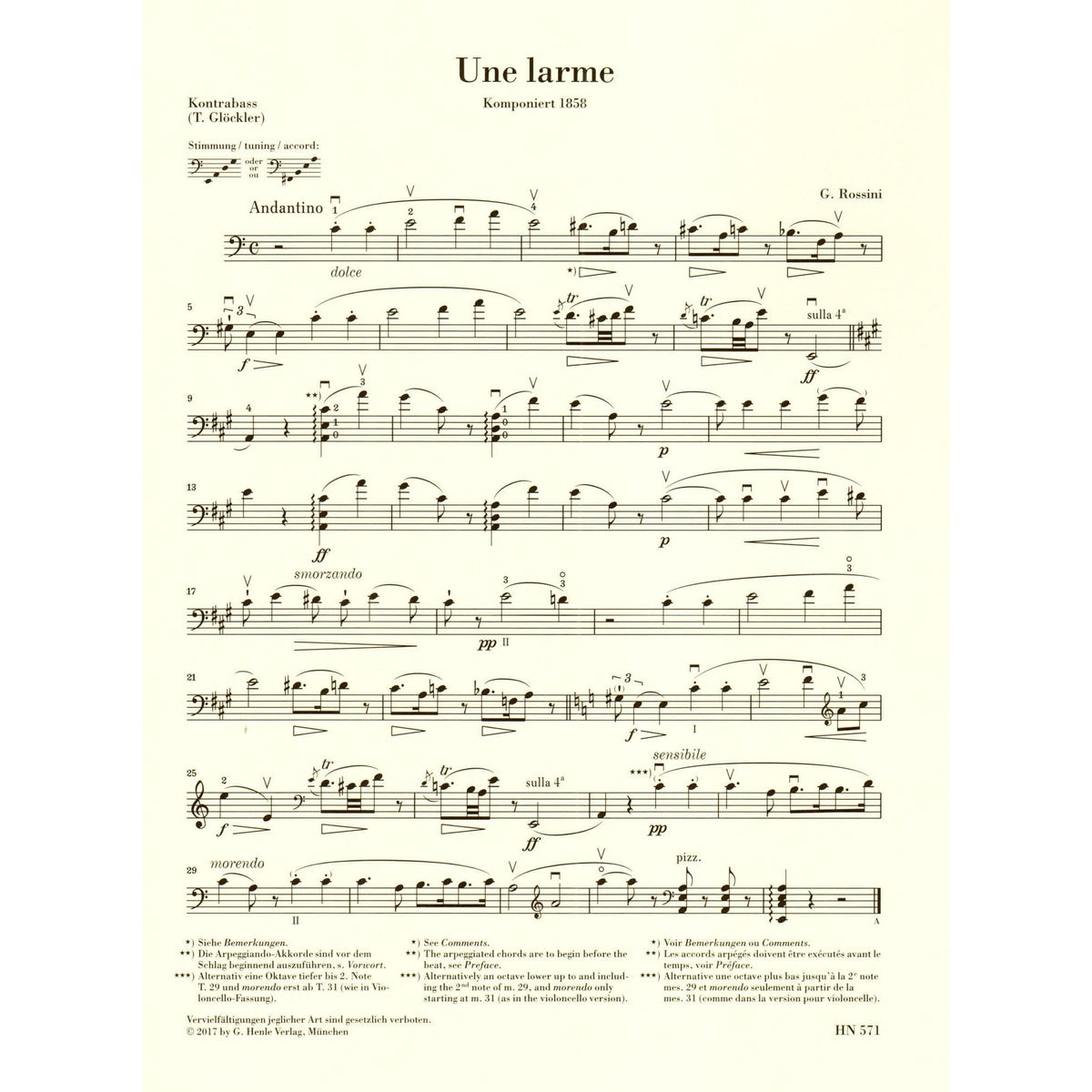 Rossini, G - Une larme - for Double Bass and Piano - G Henle Verlag URTEXT