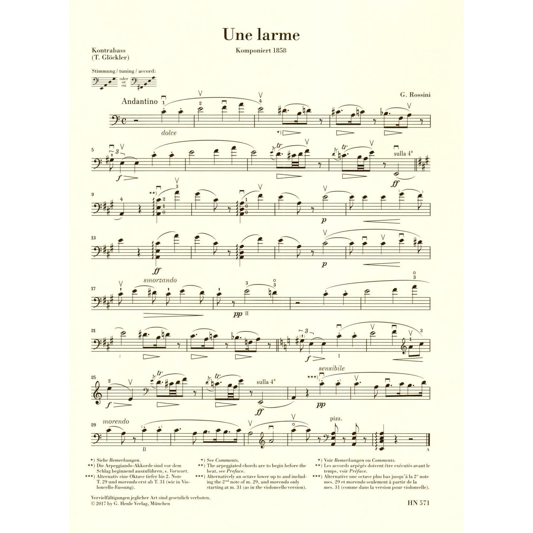 Rossini, G - Une larme - for Double Bass and Piano - G Henle Verlag URTEXT