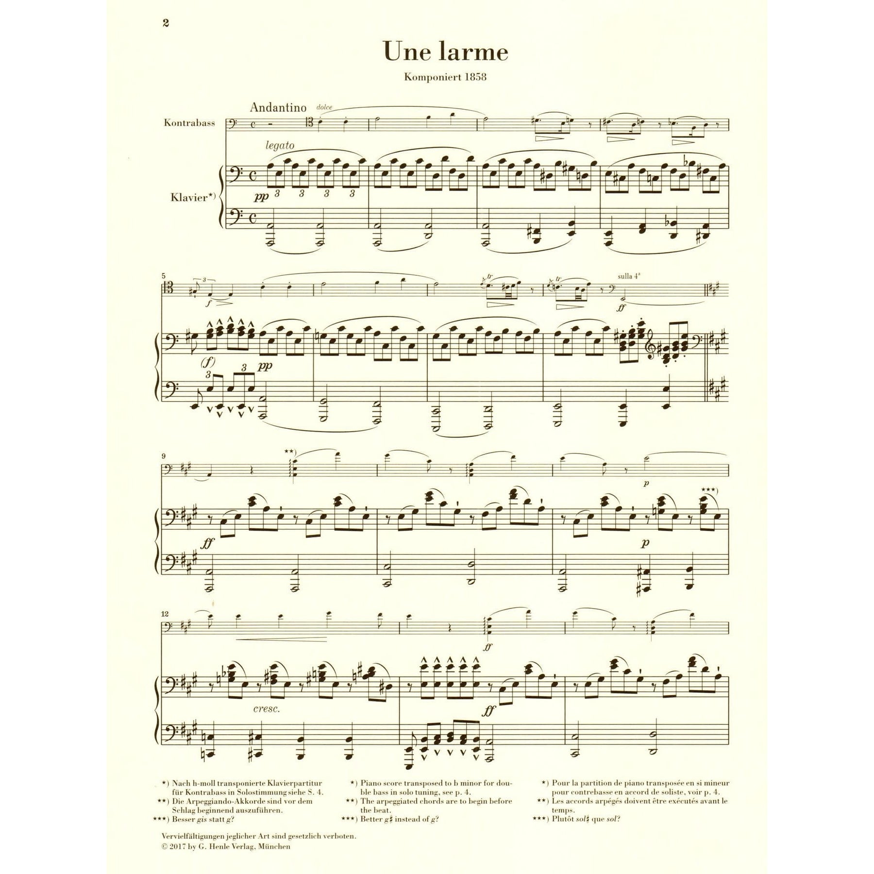 Rossini, G - Une larme - for Double Bass and Piano - G Henle Verlag URTEXT