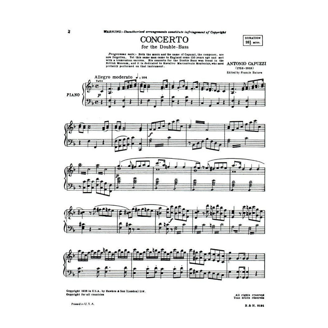 Capuzzi, Antonio - Concerto in F for Double Bass - Edited by Barnes - Boosey & Hawkes Edition