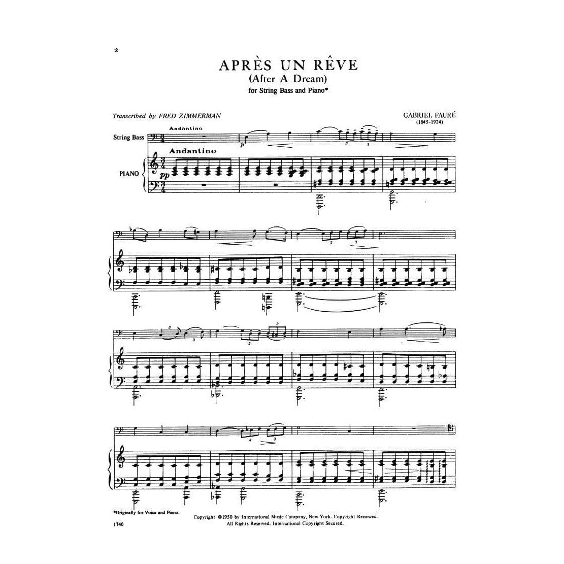 Fauré, Gabriel - Aprés un Rêve ( After a Dream ), Op 7, No 1 - Bass and Piano - edited by Fred Zimmermann - International Edition
