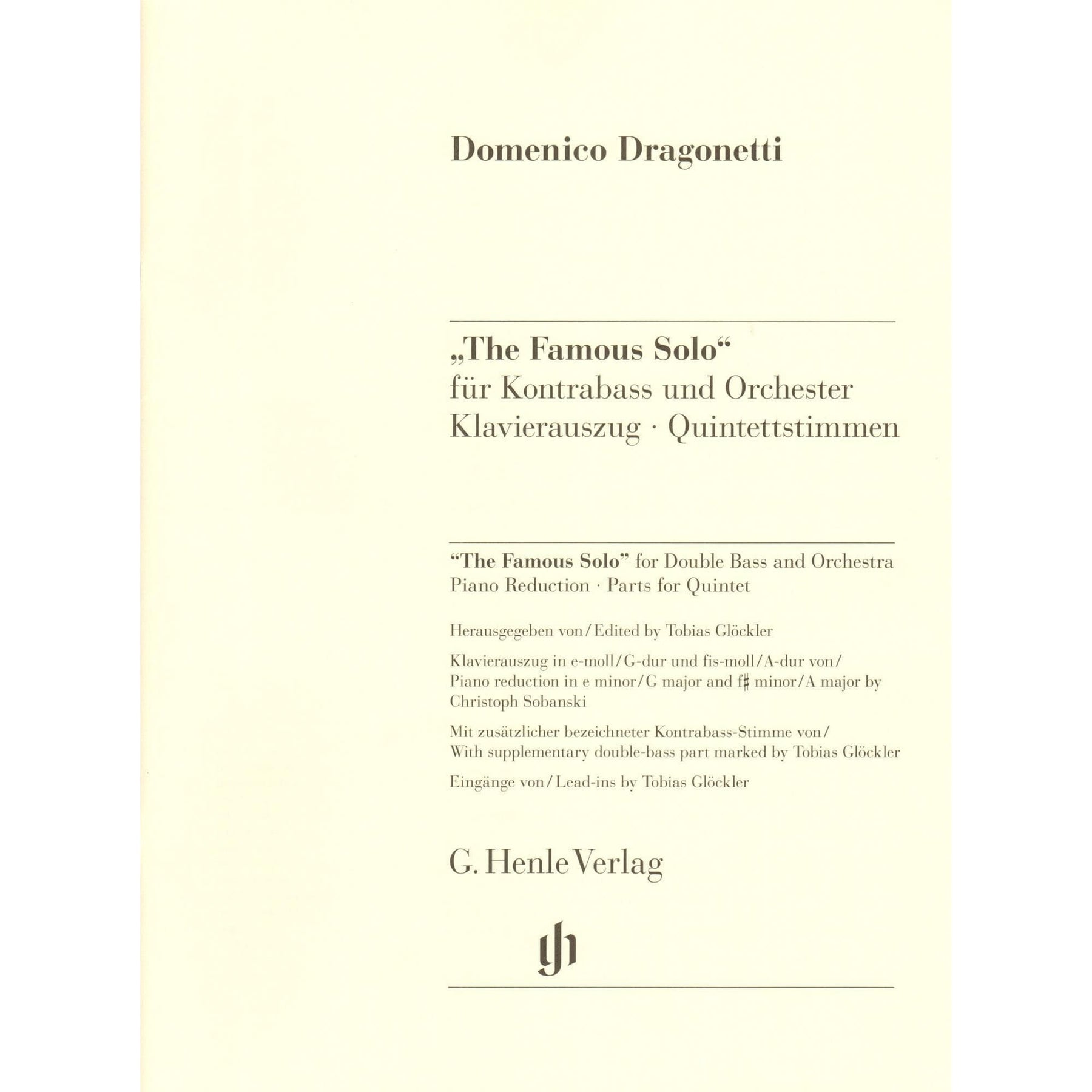 Dragonetti, Domenico - "The Famous Solo" for Double Bass - Double Bass and Piano - edited by Tobias Glöckler - G. Henle Verlag