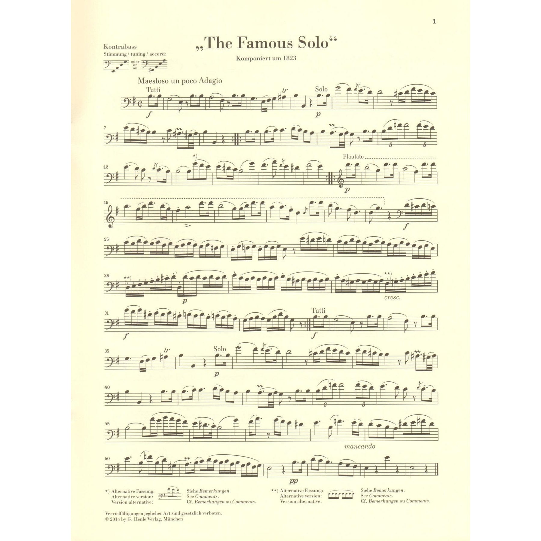 Dragonetti, Domenico - "The Famous Solo" for Double Bass - Double Bass and Piano - edited by Tobias Glöckler - G. Henle Verlag