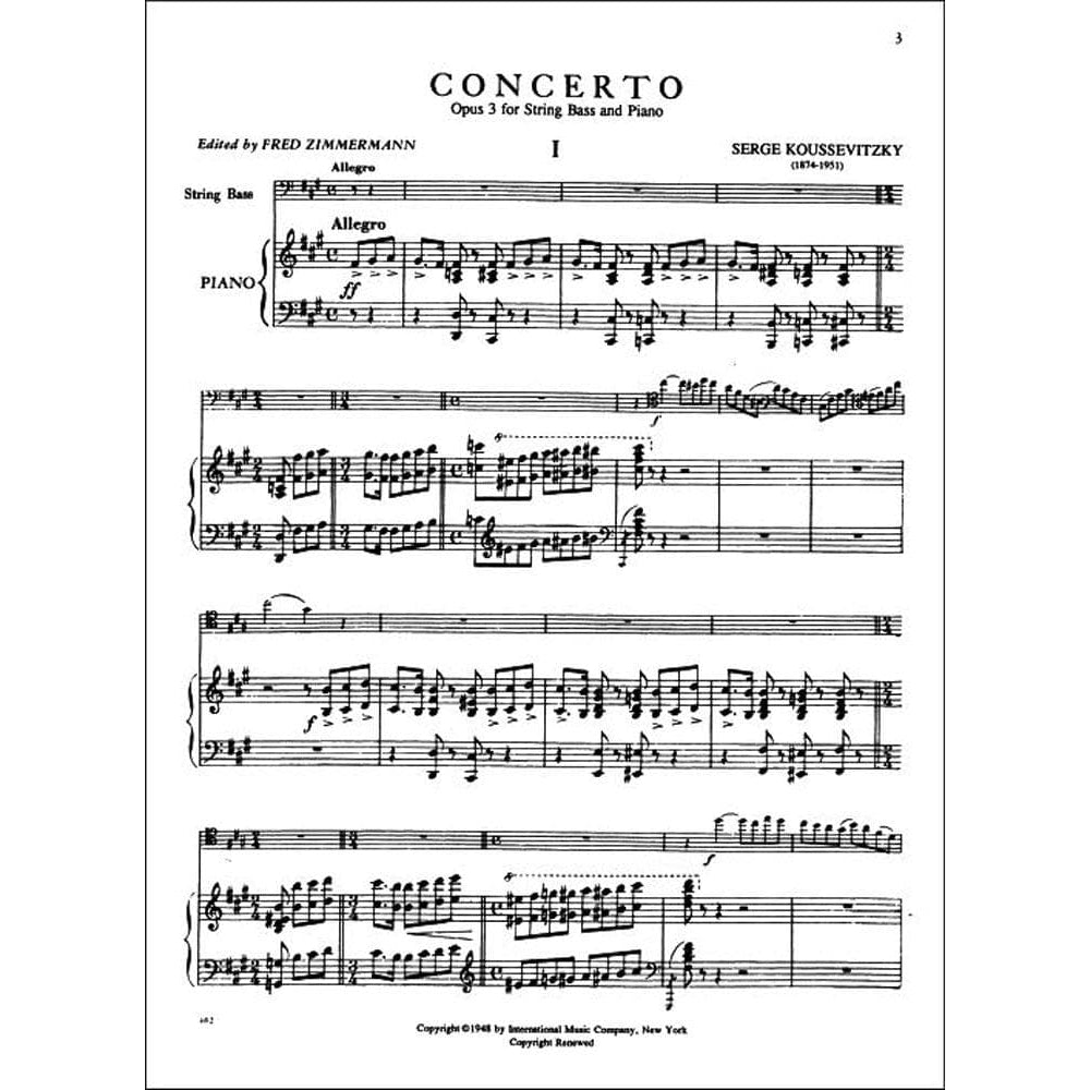 Koussevitzky, Serge - Concerto, Op 3 - Bass and Piano - edited by Fred Zimmermann - International Music Co