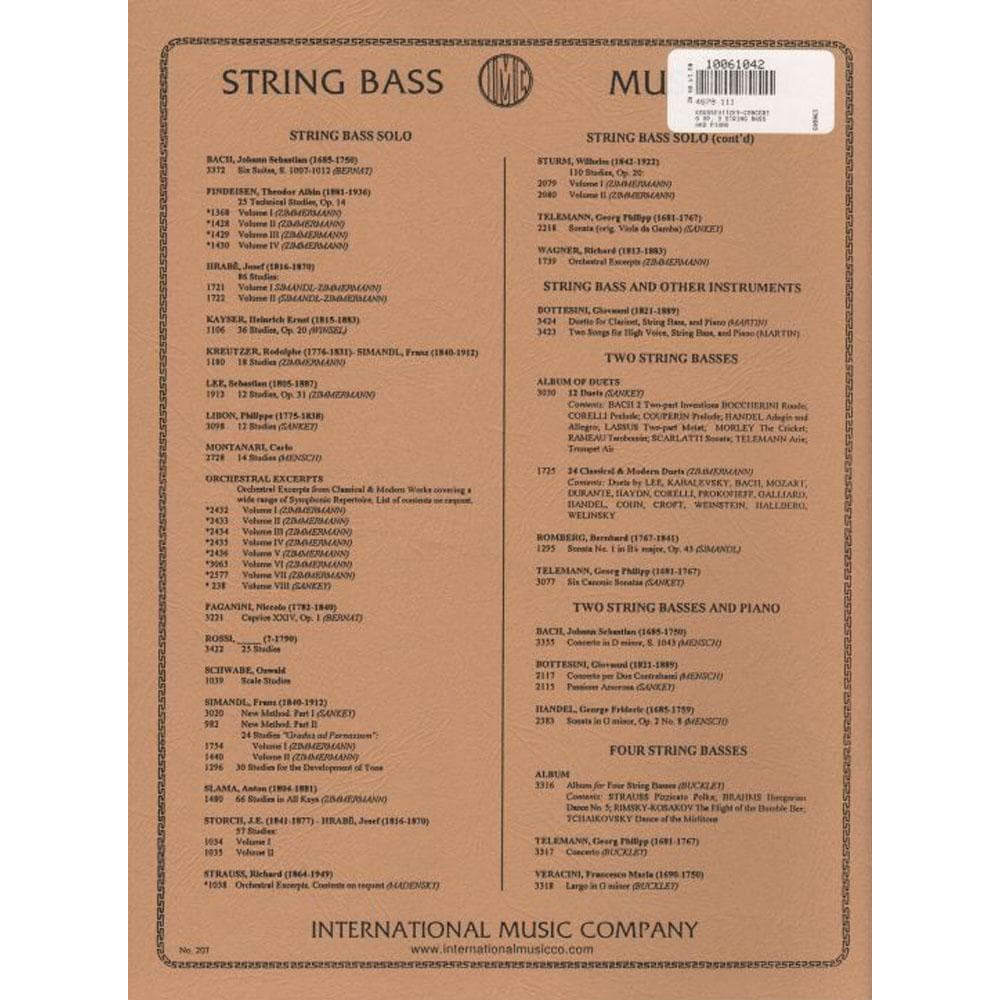 Koussevitzky, Serge - Concerto, Op 3 - Bass and Piano - edited by Fred Zimmermann - International Music Co