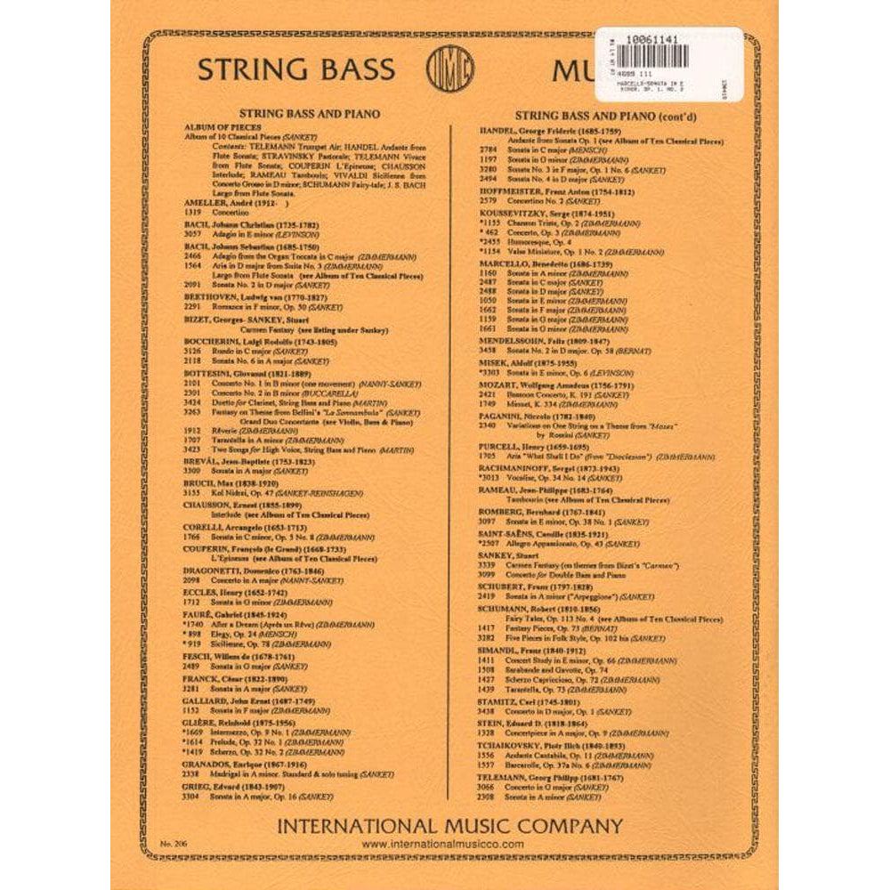 Marcello, Benedetto - Sonata in e minor, Op 1, No 2 - Bass and Piano - edited by Fred Zimmermann - International Music Co