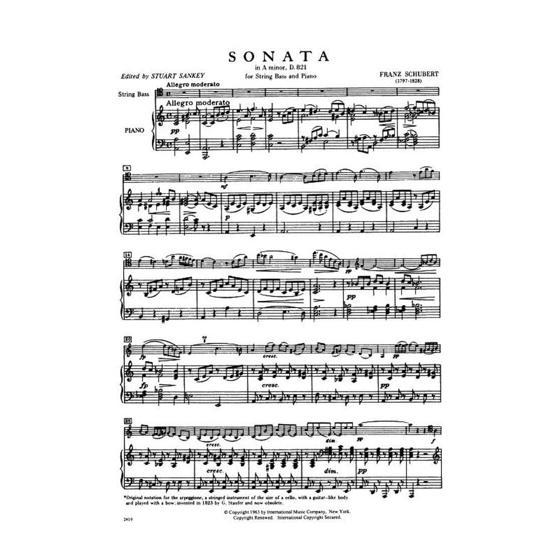 Schubert, Franz - Sonata in a minor (Arpeggione) For Bass and Piano Arranged by Sankey Published by International Music Company