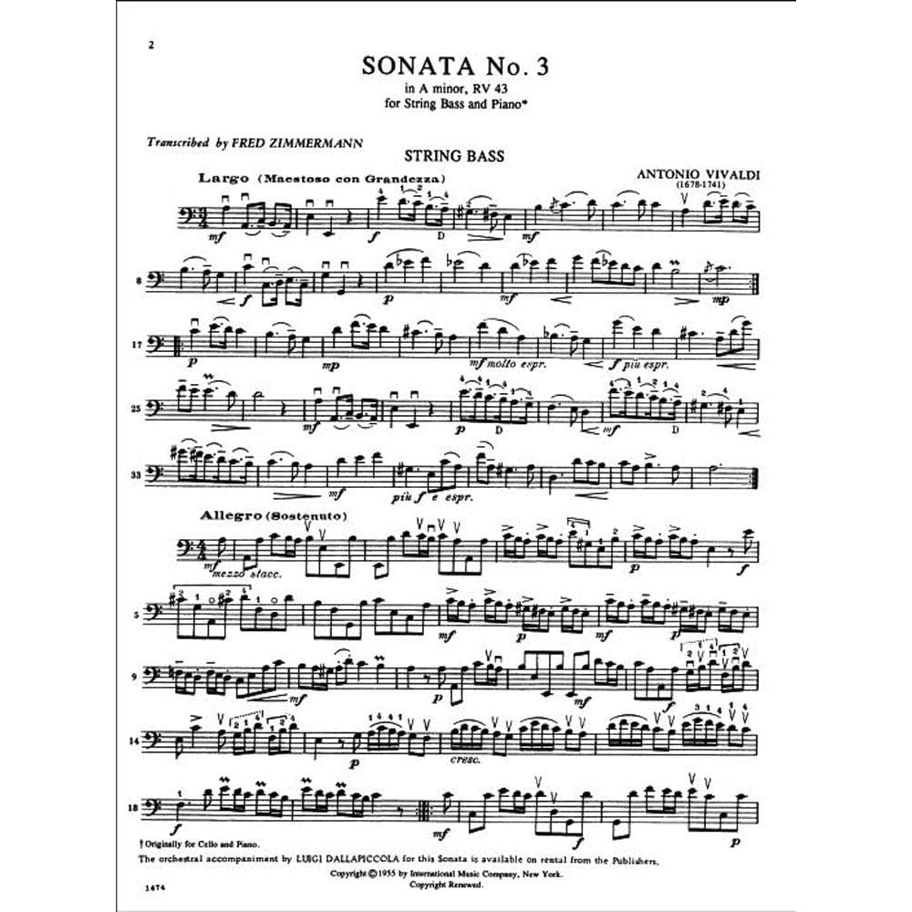 Vivaldi, Antonio - Sonata No 3 in a minor, RV 43 For Bass and Piano Edited by Zimmerman Published by International Music Company