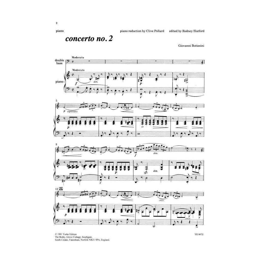 Bottesini, Giovanni - Concerto No 2 in a minor for Double Bass and Piano - Arranged by Slatford/Pollard - Yorke Edition