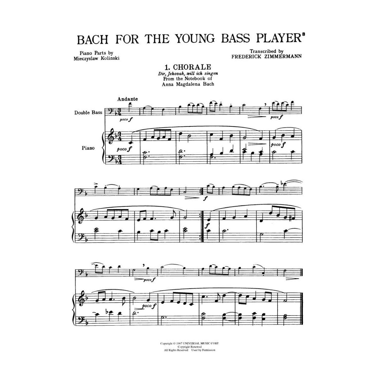 Bach for the Young Bass Player - Arranged by Zimmermann - Belwin/Mills Publication