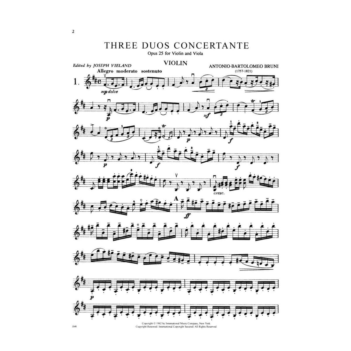 Bruni, A - 3 Duos Concertants Op 25 for Violin and Viola - Arranged by Vieland - International Edition