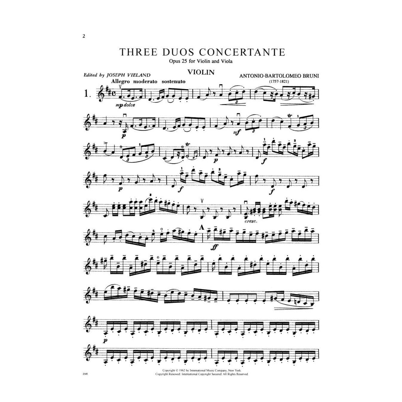 Bruni, A - 3 Duos Concertants Op 25 for Violin and Viola - Arranged by Vieland - International Edition