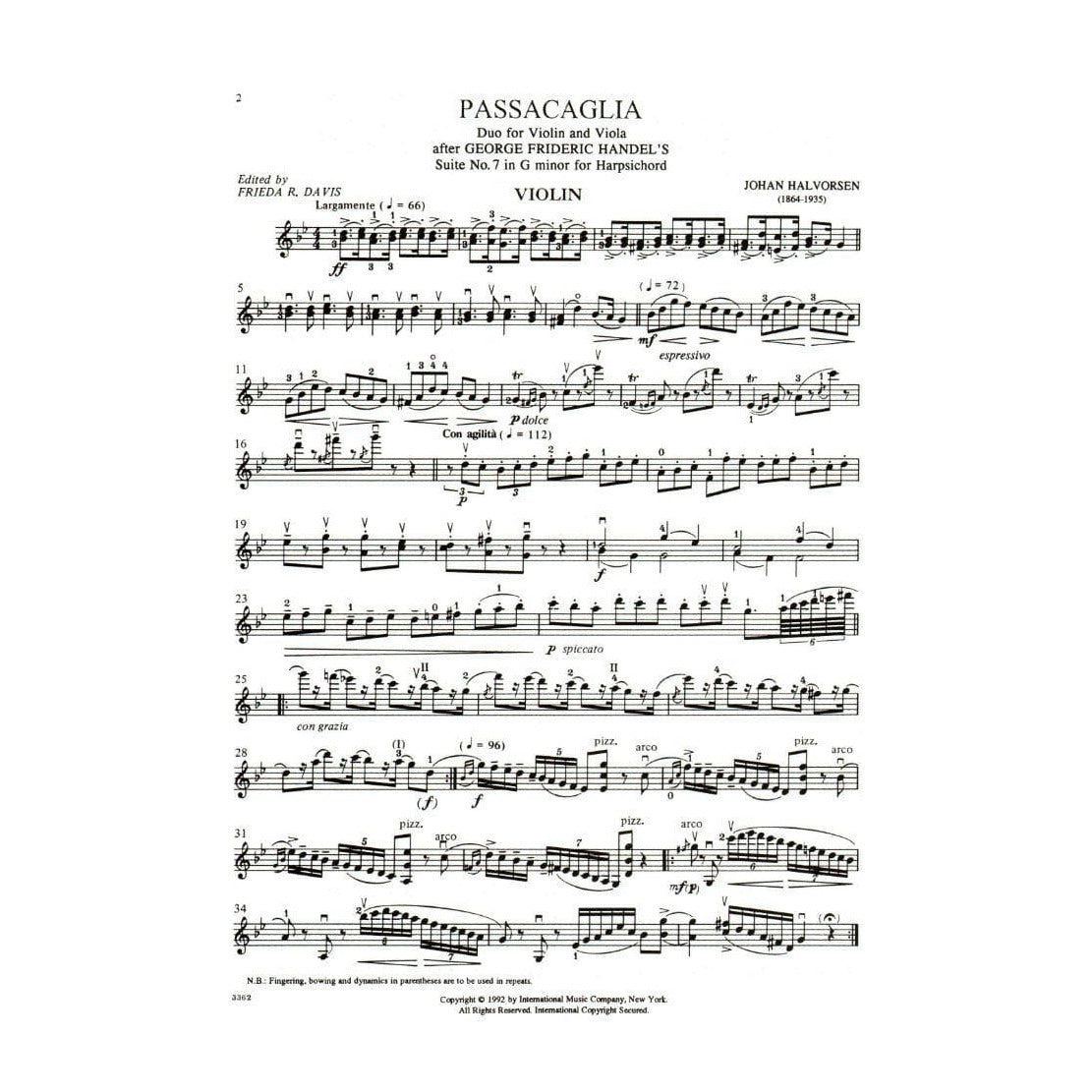 Handel/Halvorsen - Passacaglia - Violin and Viola - Score and Parts - edited by Frieda R Davis and Nathan Stutch - International Edition