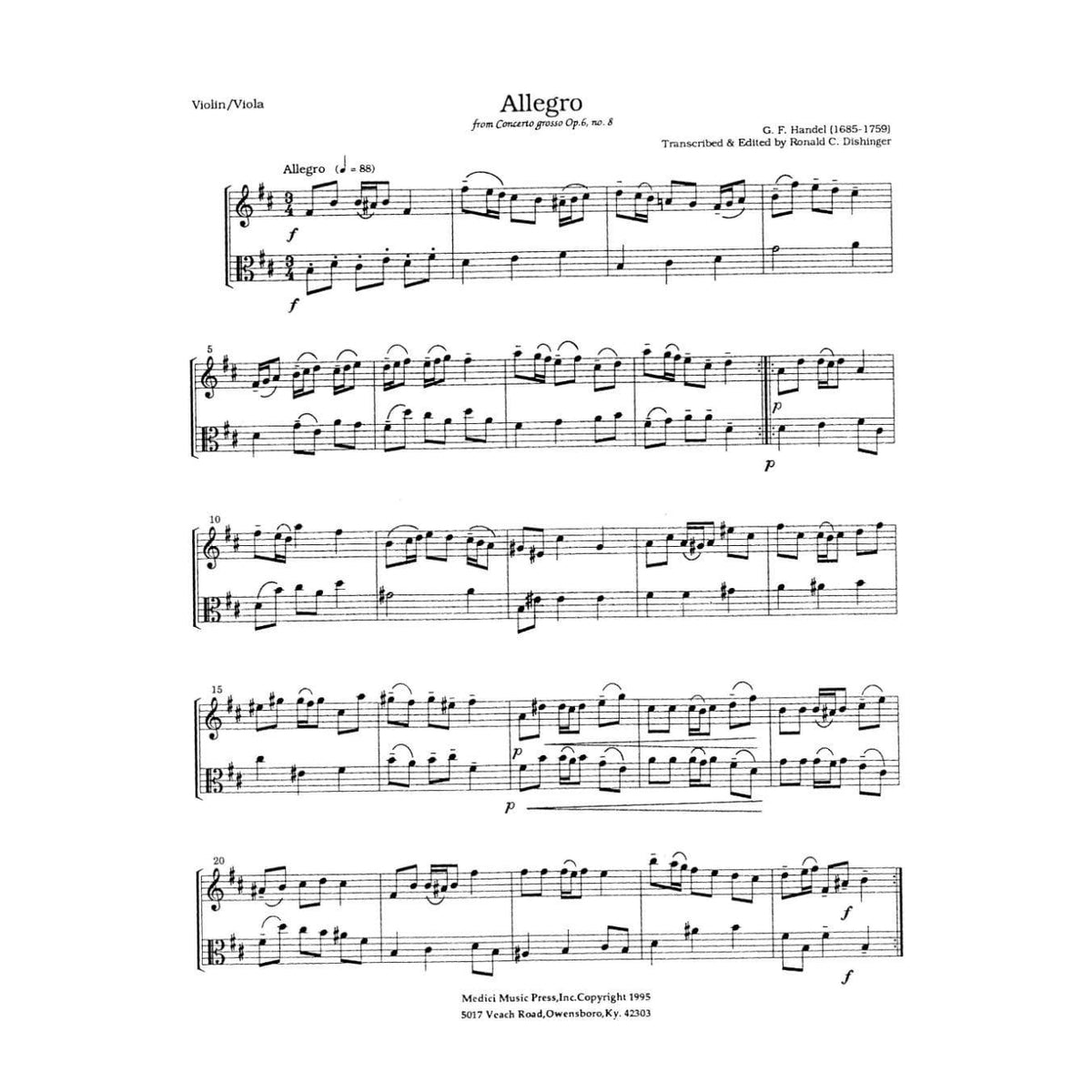 Handel, George Frideric - Nine Duets from Concerti Grossi, Op 6 - Violin and Viola - arranged by Ronald C Dishinger - Medici Music Press