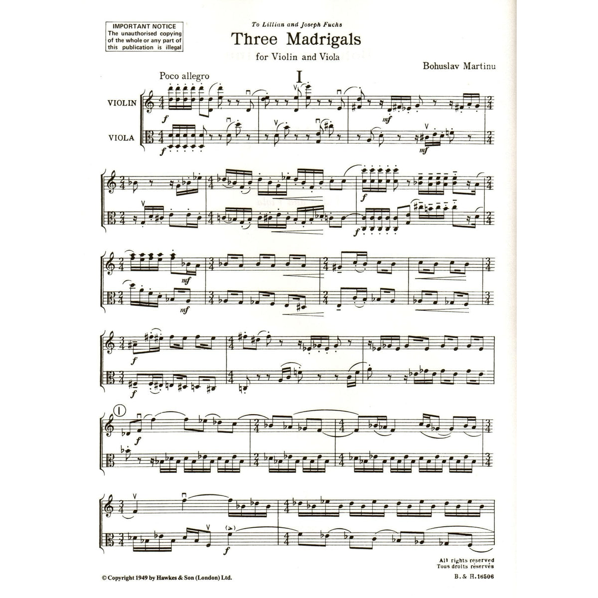 Martinů, Bohuslav - Three Madrigals, Op 313 - Violin and Viola - Boosey & Hawkes Edition