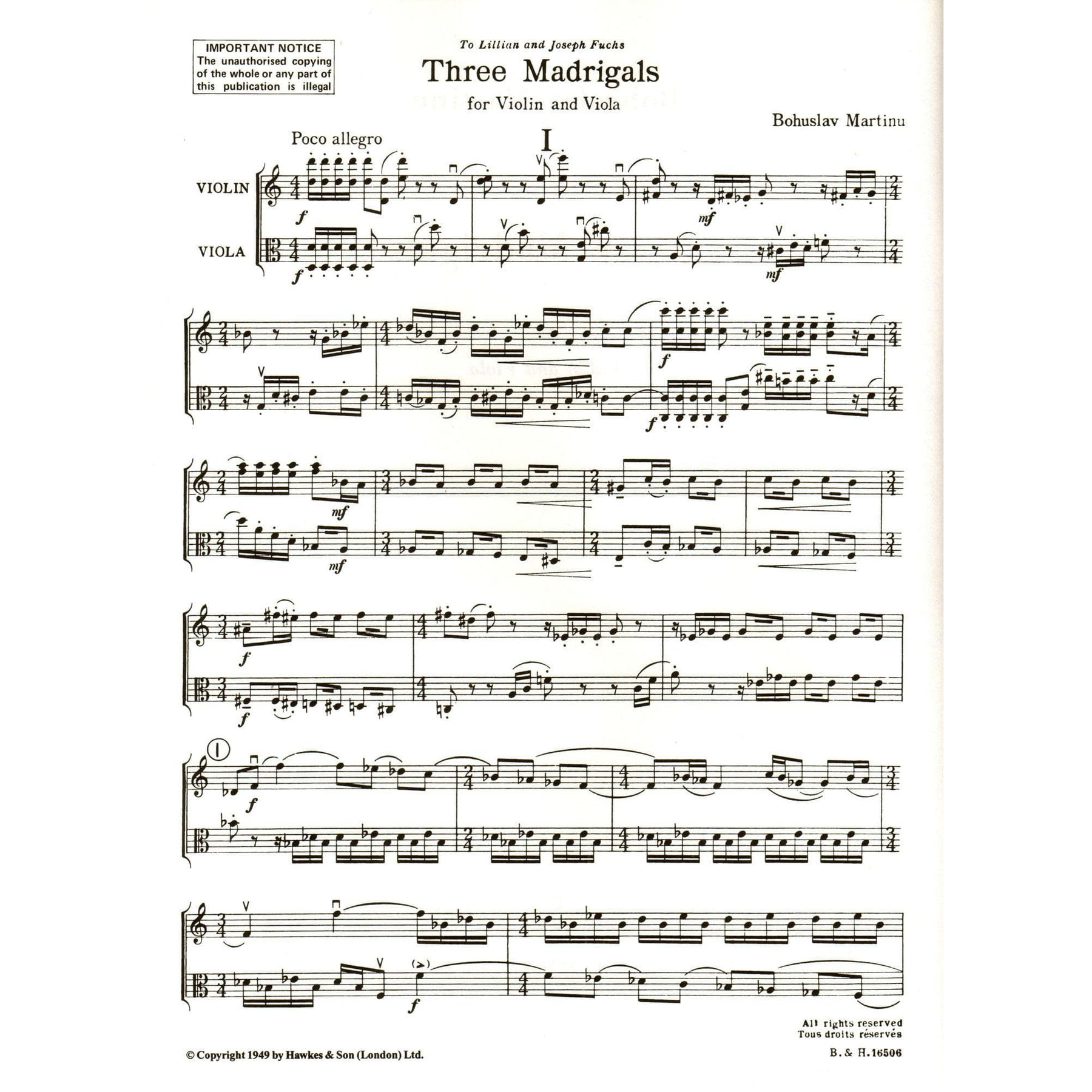 Martinů, Bohuslav - Three Madrigals, Op 313 - Violin and Viola - Boosey & Hawkes Edition