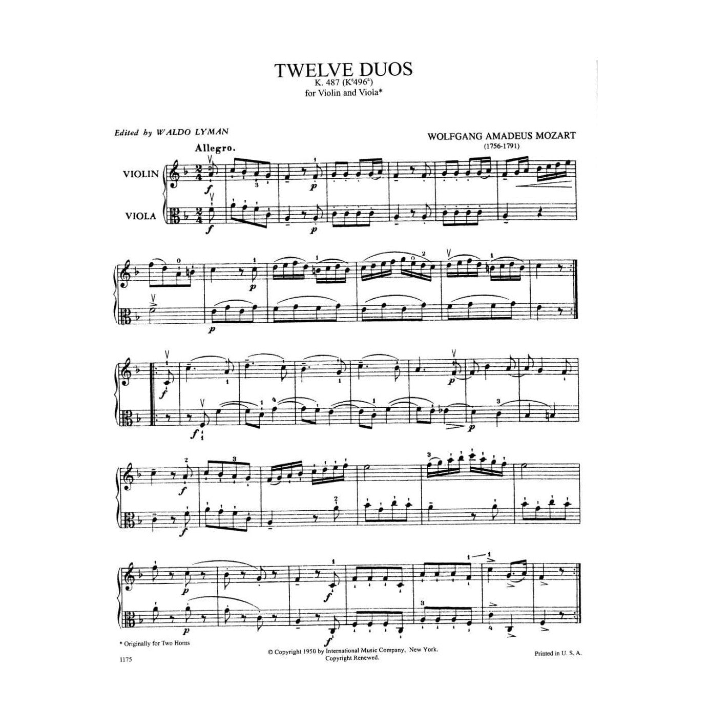 Mozart, WA - 12 Duets, K 487 - Violin and Viola - edited by Waldo Lyman - International Music Co