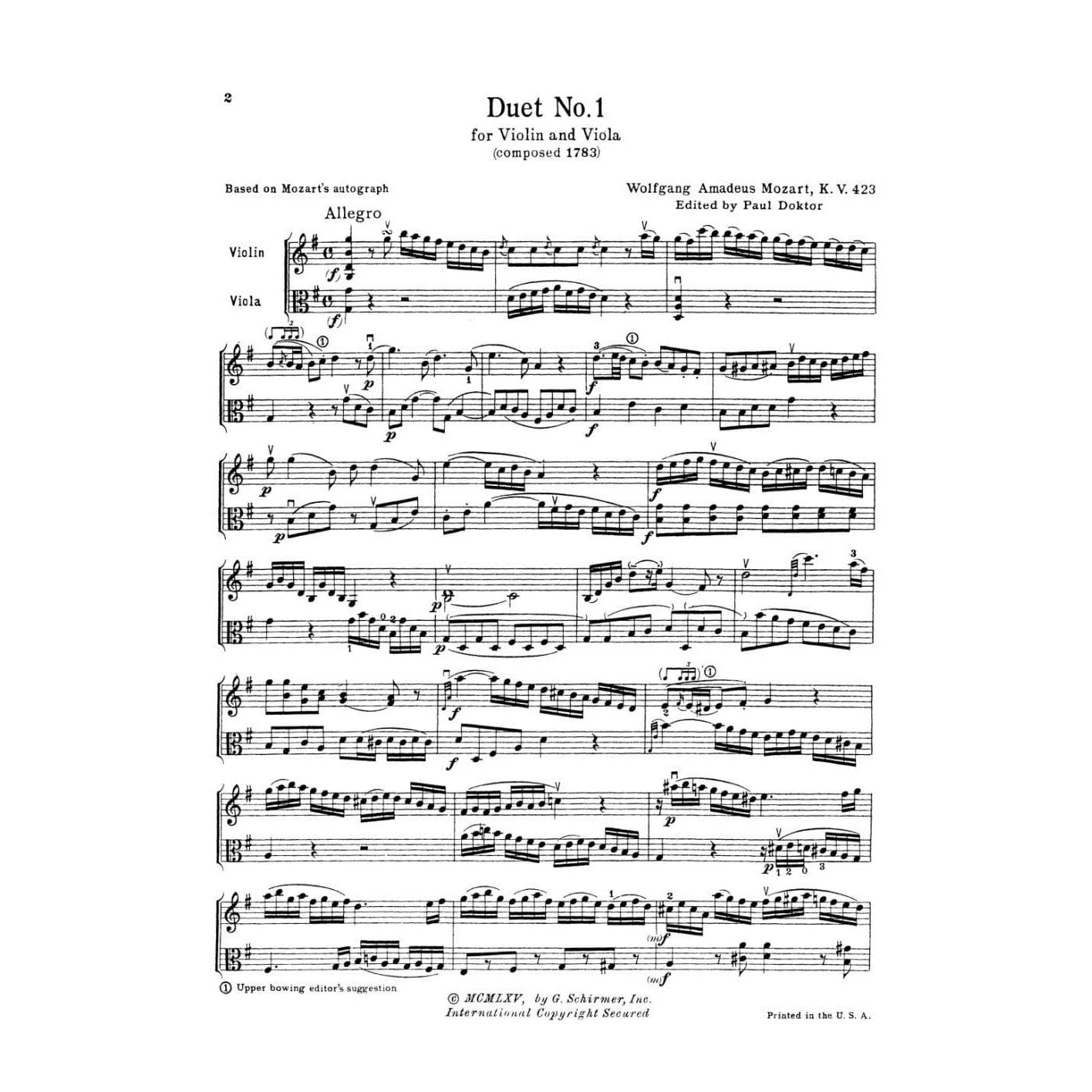 Mozart, WA - Two Duets, K 423 and 424 - Violin and Viola - edited by Paul Doktor - G Schirmer Edition