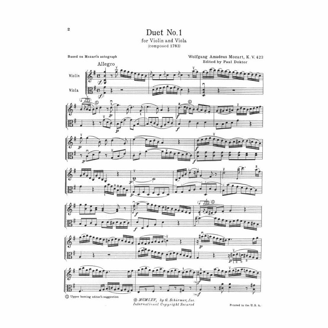 Mozart, WA - Two Duets, K 423 and 424 - Violin and Viola - edited by Paul Doktor - G Schirmer Edition