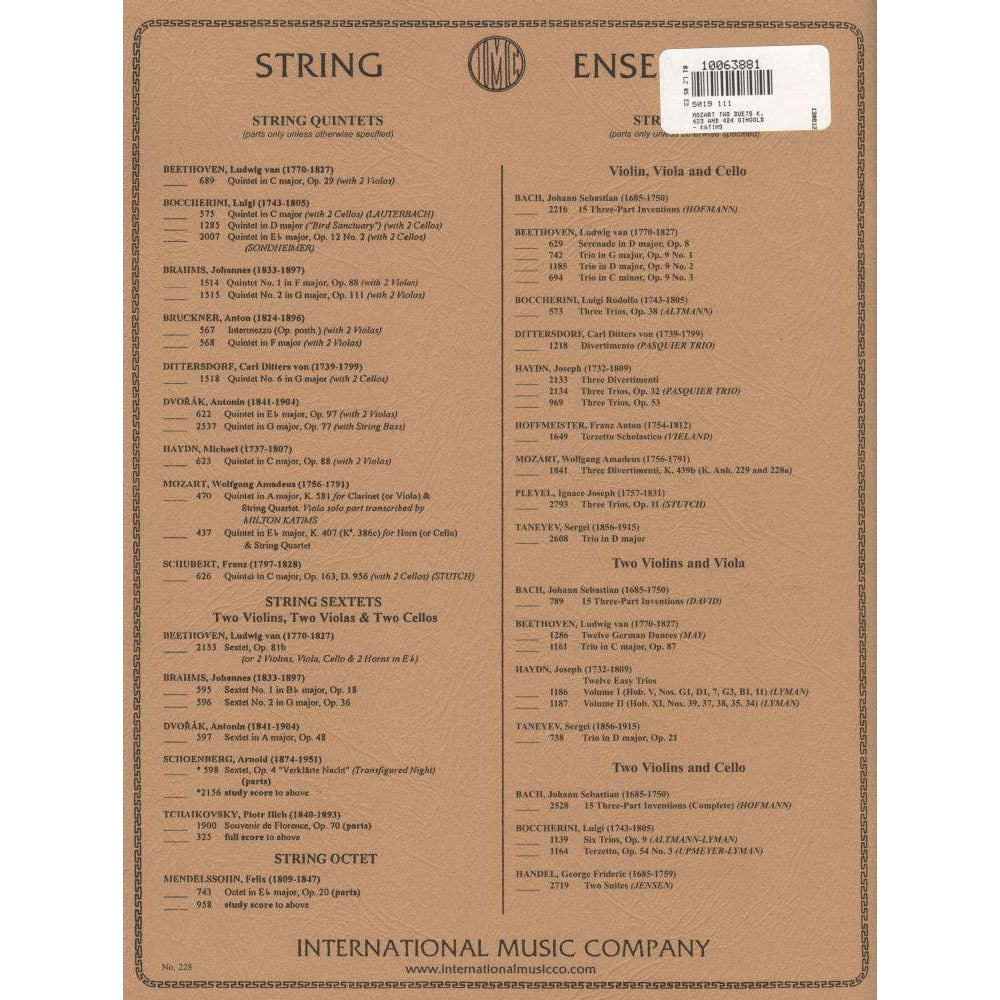Mozart, WA - Two Duos, K 423 and 424 - Violin and Viola - edited by Josef Gingold and Milton Katims - International Music Co