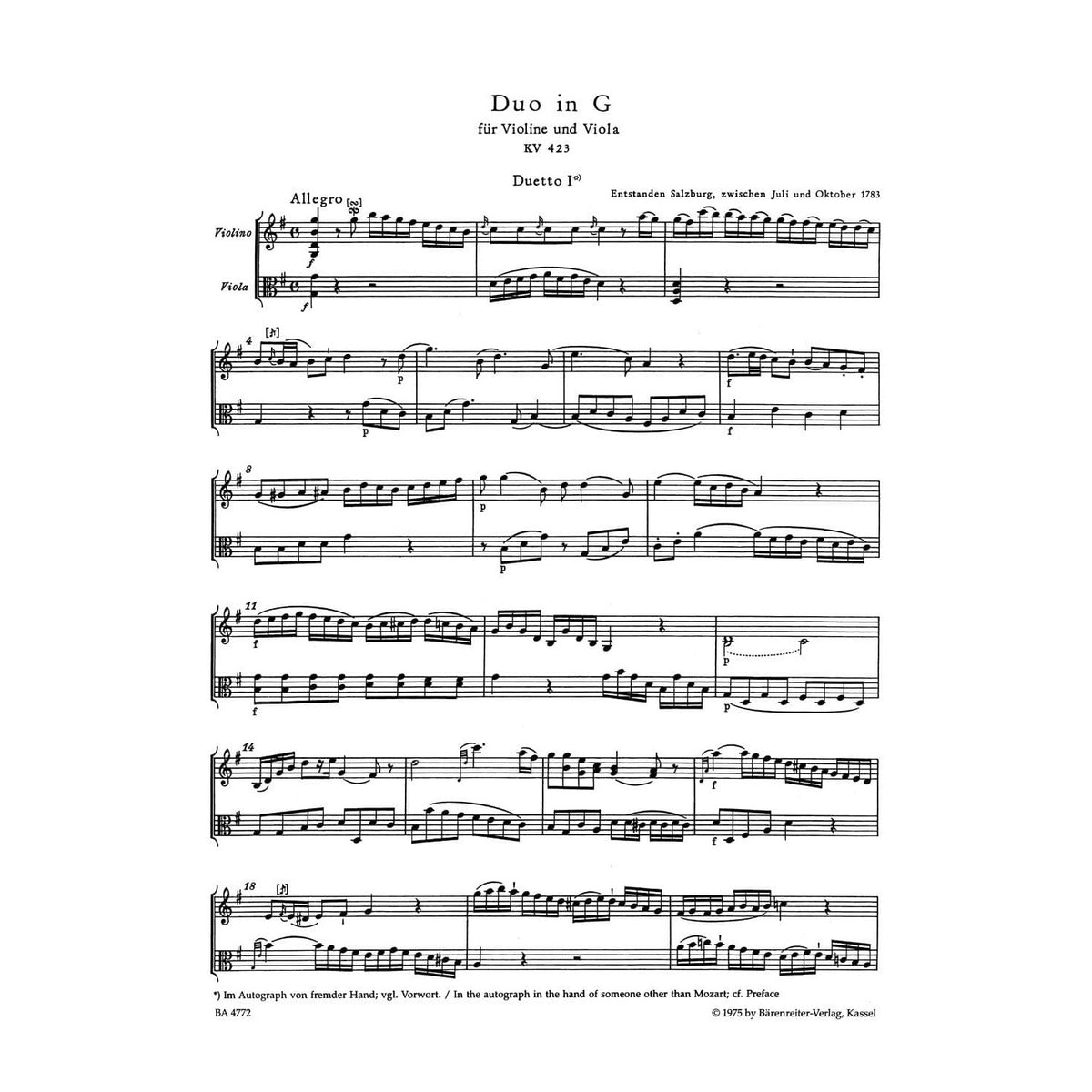 Mozart, WA - Duets, K 423 and 424 - Violin and Viola - edited by Dietrich Berke - Bärenreiter Verlag URTEXT