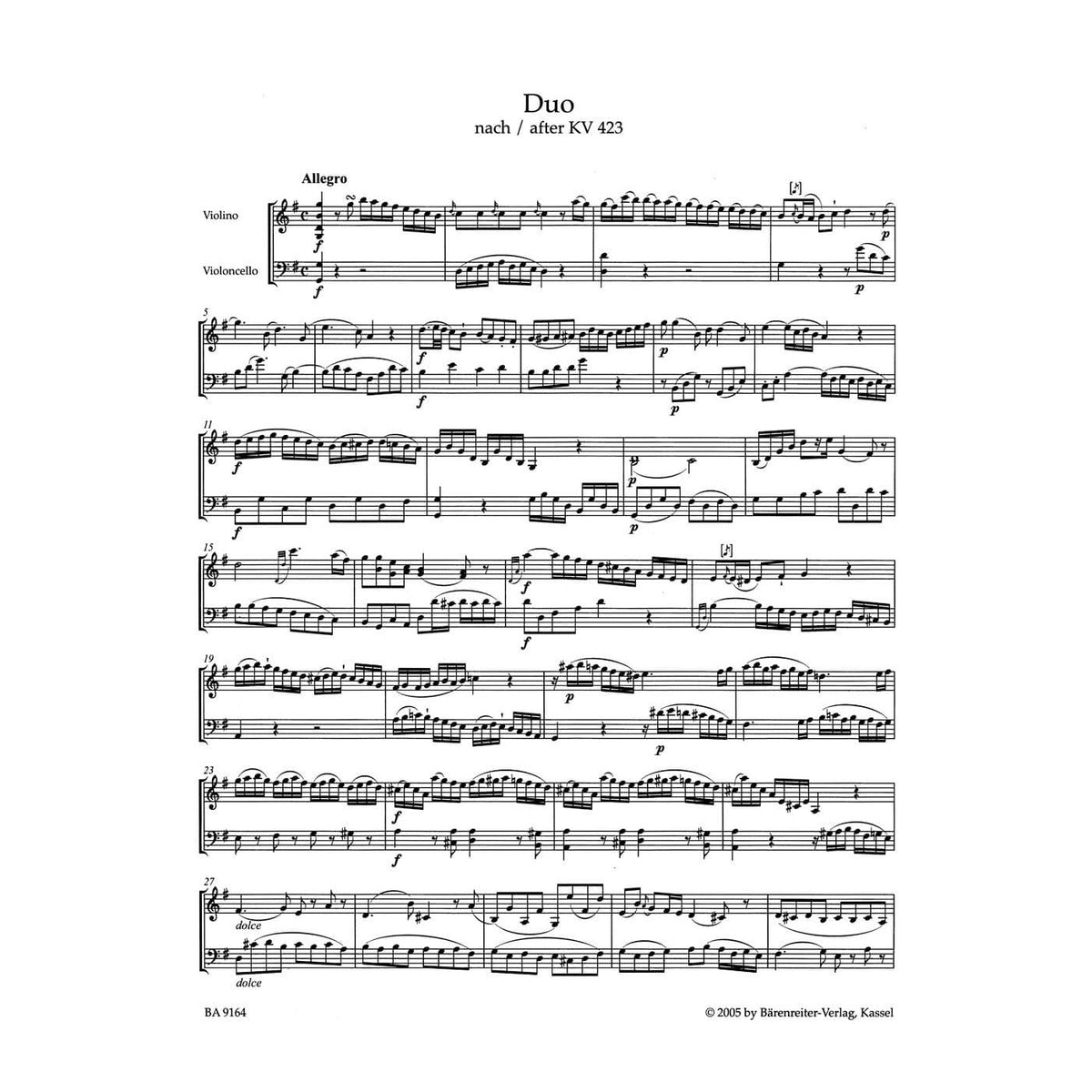 Mozart, WA - Two Duos, after K 423 and 424 - Violin and Cello - edited by Dietrich Berke - Bärenreiter Verlag URTEXT