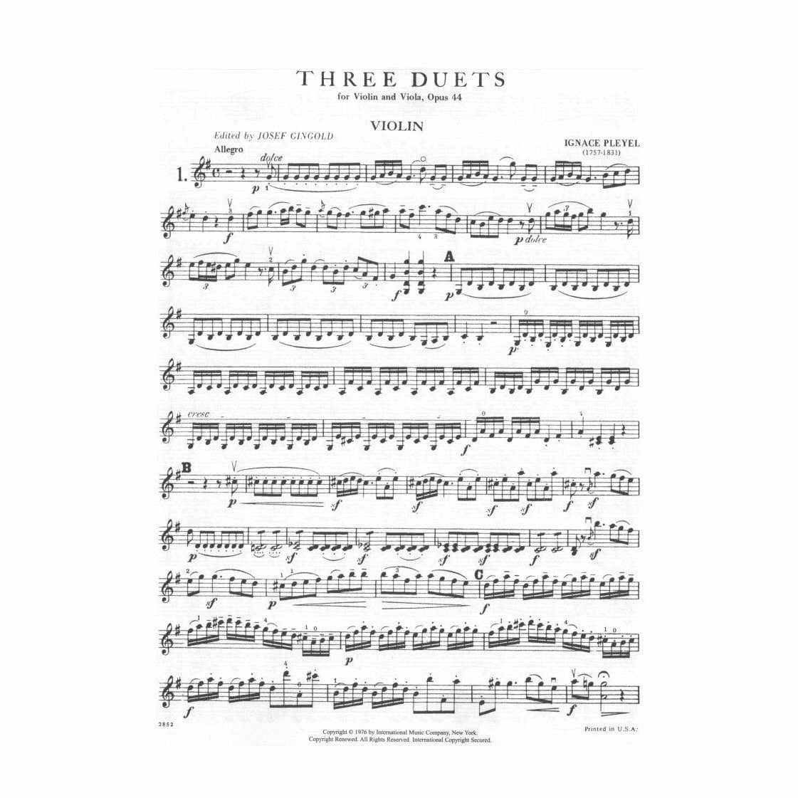 Pleyel, Ignace Joseph - Three Duets, Op 44, B 529-531 - Violin and Viola - edited by Josef Gingold - International Music Company