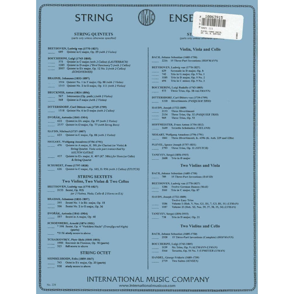 Pleyel, Ignace Joseph - Three Duets, Op 44, B 529-531 - Violin and Viola - edited by Josef Gingold - International Music Company