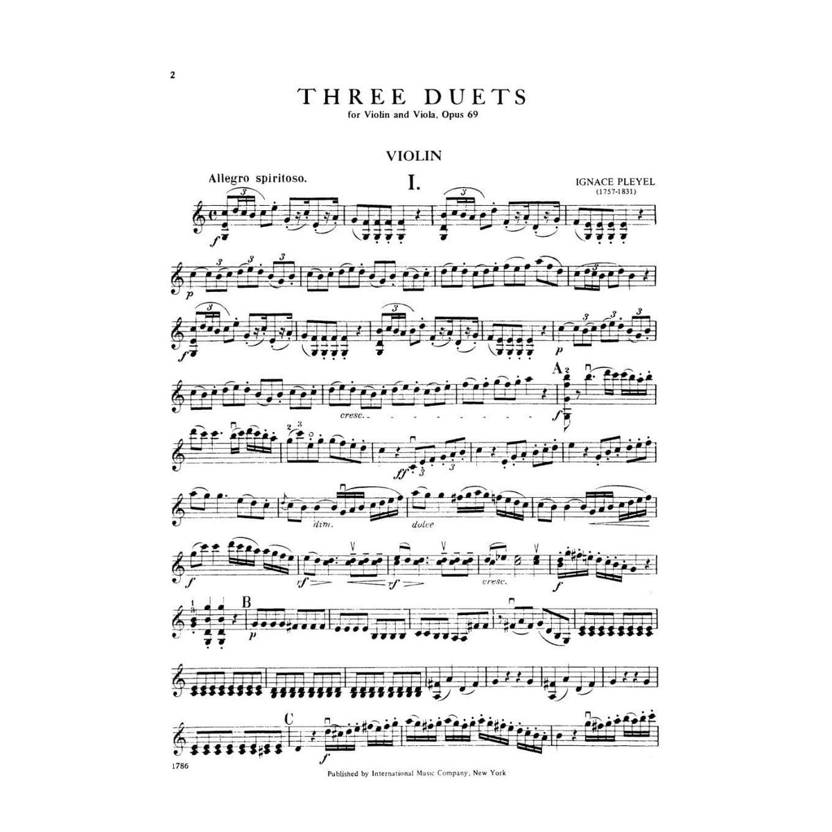 Pleyel, Ignace Joseph - Three Duets  Op 69 B 526-528 For Violin and Viola Published by International Music Company