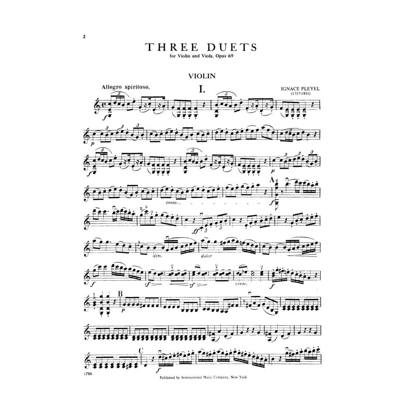 Pleyel, Ignace Joseph - Three Duets  Op 69 B 526-528 For Violin and Viola Published by International Music Company