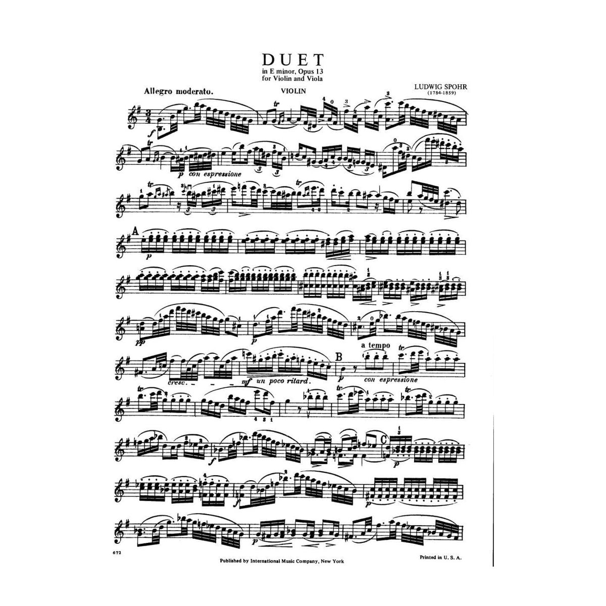 Spohr, Louis - Duet In E Minor, Op 13, for Violin and Viola Published by International Music Company