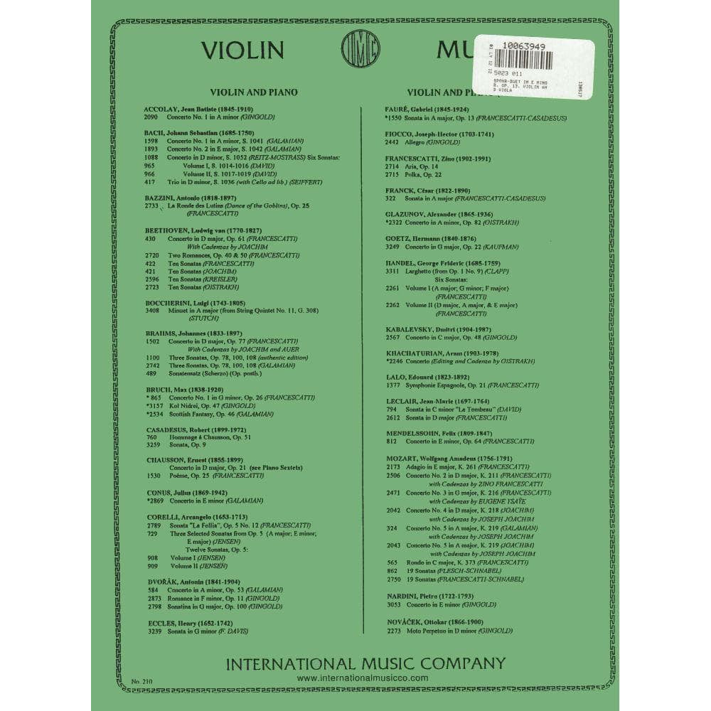 Spohr, Louis - Duet In E Minor, Op 13, for Violin and Viola Published by International Music Company